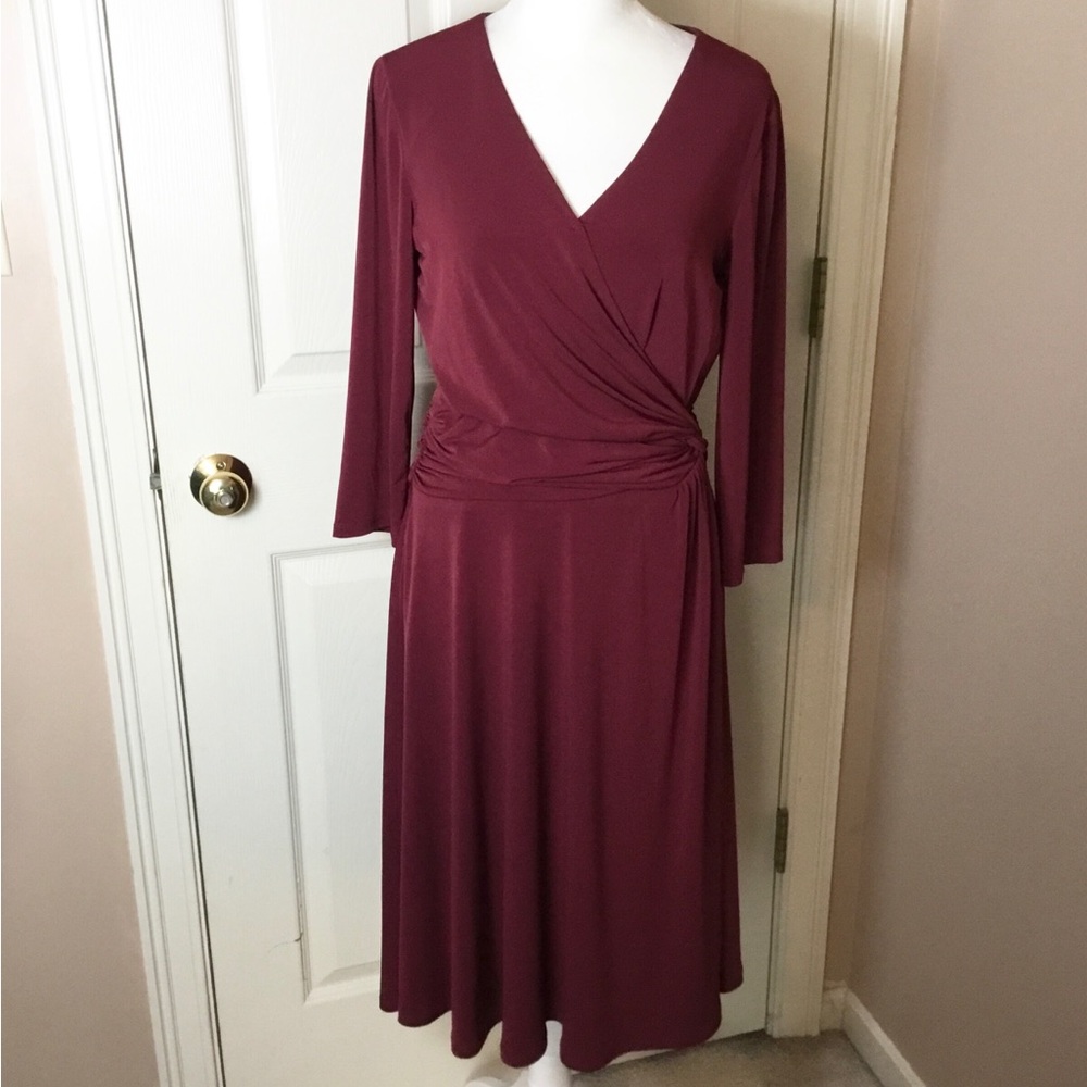Travelsmith Burgundy Wrinkle Free 3/4 Sleeve Wrap Dress - Size 8